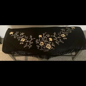 Beautiful Black & Gold Embroidered Shawl Wrap Gold Design Black Fringe 61” x 40”